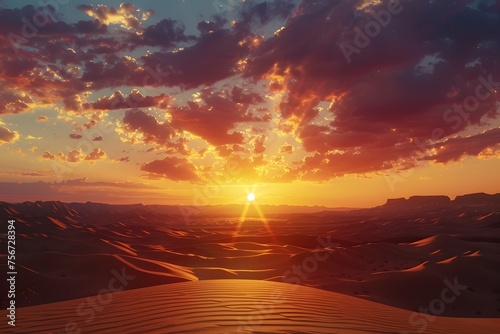 breathtaking sunset panorama over a vast, untouched desert landscape, where the warm hues of the sky meet the silhouettes of sand dunes, unfolding in cinematic 16k realism.