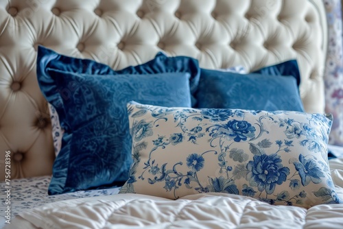 A modern bed featuring blue and white pillows and a white headboard against a plain background. © pham