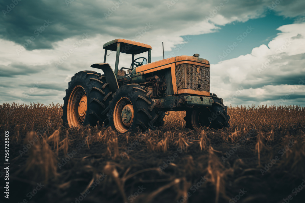 Obraz premium An old, sturdy tractor stands in a field, showcasing the timeless beauty of agricultural machinery against a dramatic sky