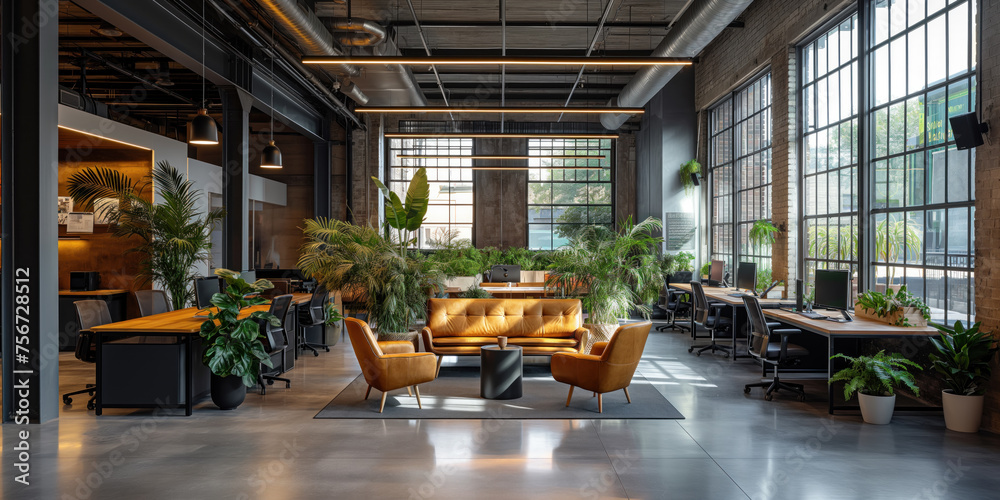 Naklejka premium Interior design of modern office. Interior mockup. Generative AI