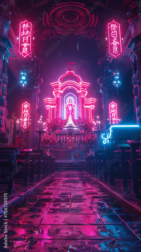 Mirage of cyberpunk neon in the monastery silence amidst the electronic buzz