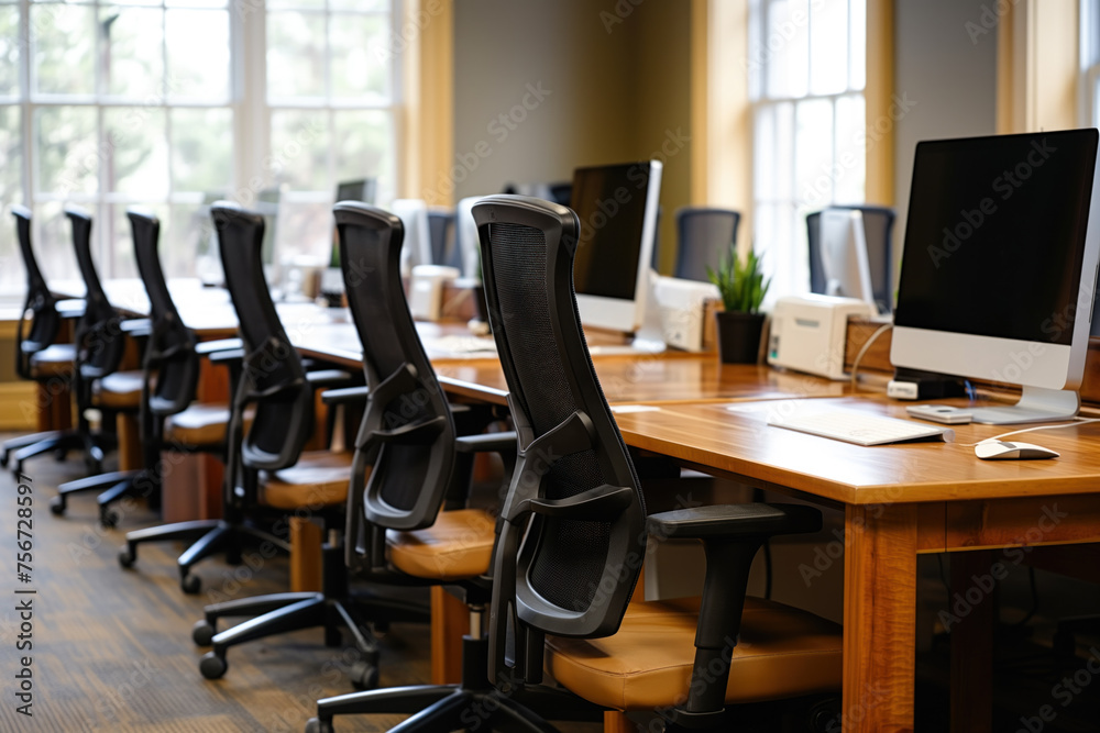 Interior design of modern wooden office. Interior mockup. Generative AI Interior design of modern wooden office. Interior mockup. Generative AI