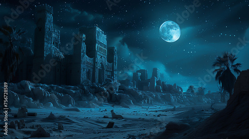 Moonlit shadows over ancient ruins secrets whispering to the serenity of a desert oasis