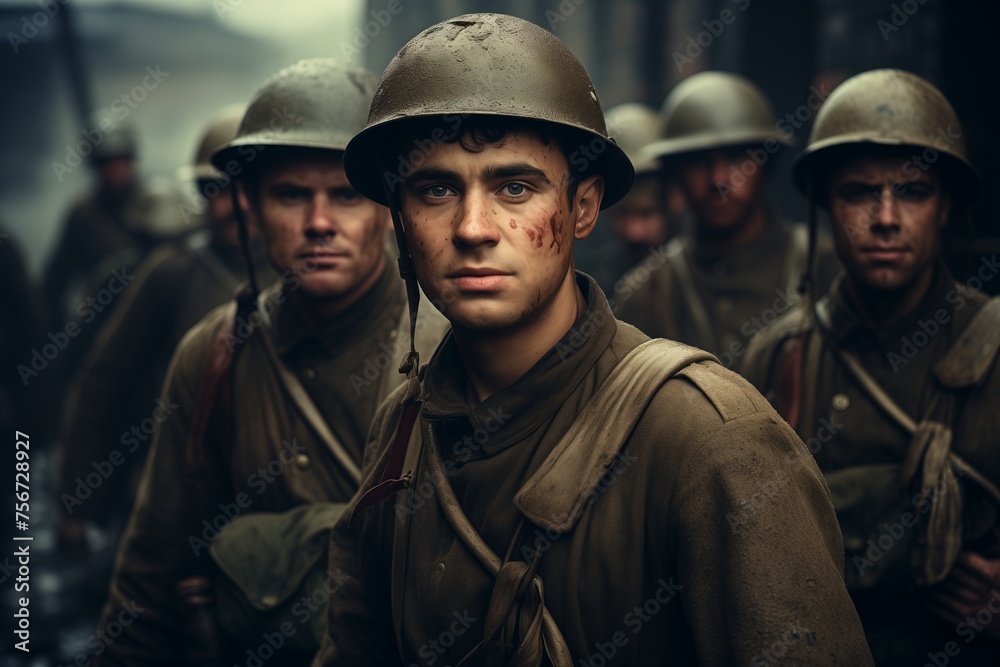 Fototapeta premium A group of men in uniforms standing aligned next to each other, showcasing unity and teamwork.