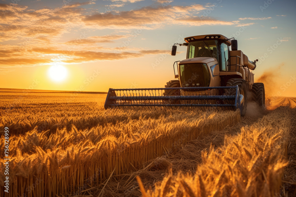 Fototapeta premium A combine harvester cuts through a wheat field at sunset, with the golden sunlight casting a warm glow over the landscape