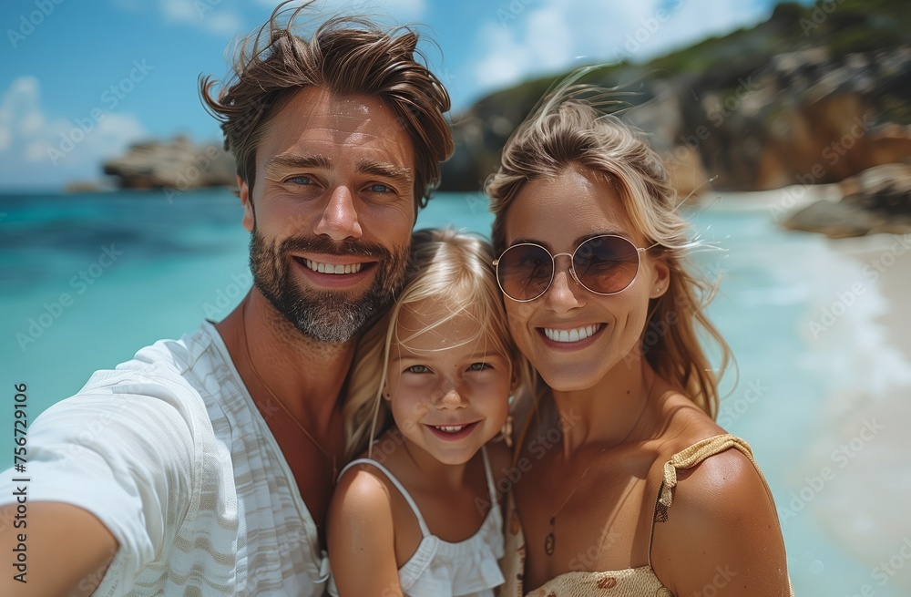 Happy family smiling on beach, enjoying summer, water and leisure activities Happy family smiling on beach, enjoying summer, water and leisure activities