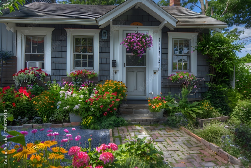 charming cottage exterior with vibrant flowers adorning the entrance, capturing the essence of simplicity and beauty in 16k ultra HD splendor.