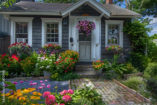 charming cottage exterior with vibrant flowers adorning the entrance  capturing the essence of simplicity and beauty in 16k ultra HD splendor.