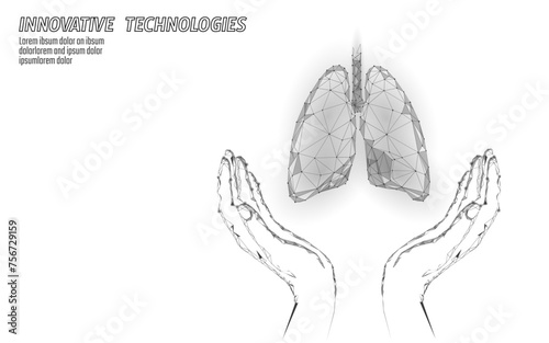 Human lungs 3D health care recovery medical concept. Low poly internal organ avoid disease banner. Polygonal glowing medicine cure tuberculosis vector illustration