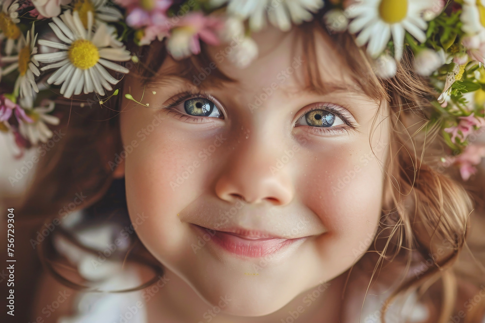 A close-up of a toddler's face with a cute smile and a flower crown A close-up of a toddler's face with a cute smile and a flower crown