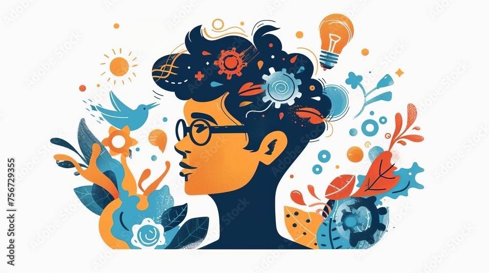 Fototapeta premium Man developing her emotional intelligence. Concept exploring the mind, self-discovery, introspection, thinking process. Flat illustration