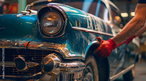 Detailing expert hand-washing a classic car covered in soap suds, focusing on chrome details and headlights