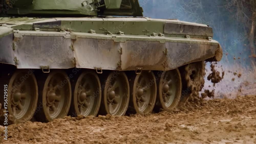 Russian T72 tank drives along a dirt road. War in Ukraine Russian T72 tank drives along a dirt road. War in Ukraine