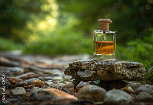 Perfume glass bottle on a green summer nature background. Beauty and luxury concept. Generative AI