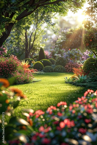 Romantic Rose Garden with a Lush Green Lawn and Sunbeam Canopy