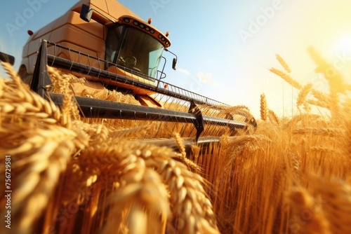 Close-up of a combine harvester cutting wheat in a field at sunset, with golden light casting a warm glow over the scene