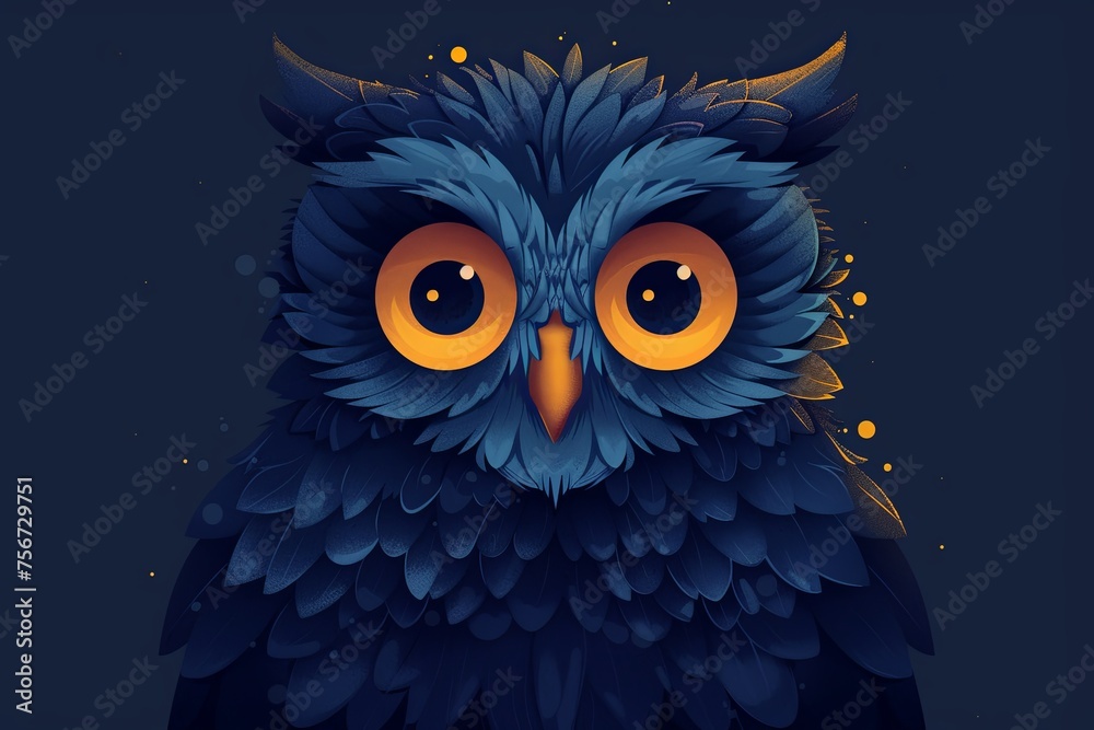 A surprised owl with big eyes and blue feathers. Yellow surrounds its eyes. The background is blue. Suitable for children's books or healthcare settings.