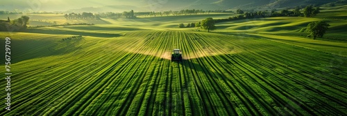 Aerial View of Tractor Plowing Vibrant Green Fields at Sunset