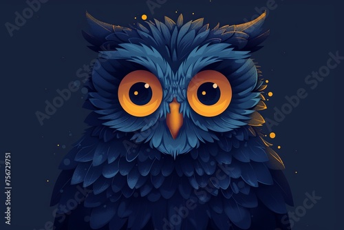 A surprised owl with big eyes and blue feathers. Yellow surrounds its eyes. The background is blue. Suitable for children's books or healthcare settings.