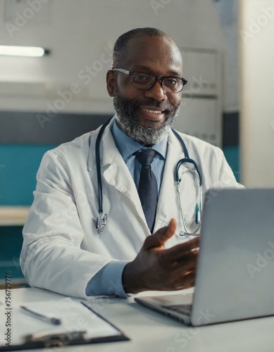 Happy old male doctor physician talking, consulting patient online by webcam video call on laptop computer. Telemedicine conference virtual tele meeting. E appointment, telehealth therapy concept 