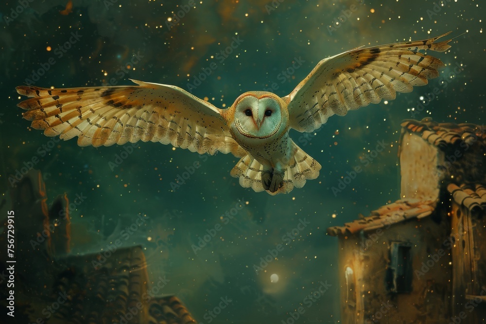 A caring owl flies past houses, glimpsing a yellow light. Its gentle smile delivers medicine under the starry sky, radiating comfort and care. - obrazy, fototapety, plakaty 