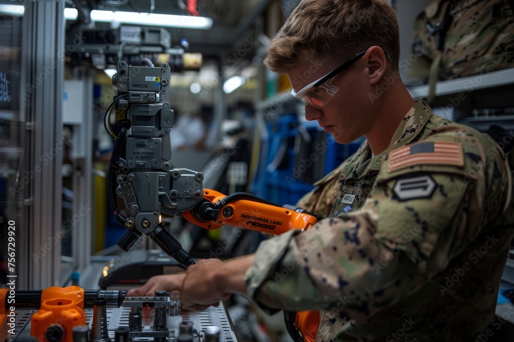 Focused marine calibrating a robotic arm in a technical workspace Focused marine calibrating a robotic arm in a technical workspace