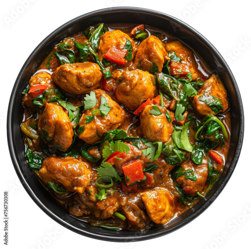 Spicy chicken tikka masala with spinach in a black bowl, cut out - stock png.