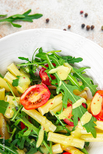 pasta salad tomato, arugula, pasta fresh food tasty eating meal food snack on the table copy space food background 