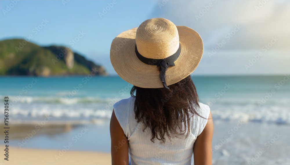  woman in hat looking on tropical beach