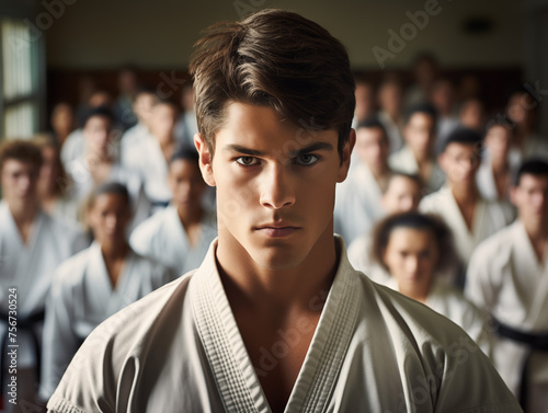 Kampfsportportrait mit Karateanzug und T-Shirt in Kampfsportschule
