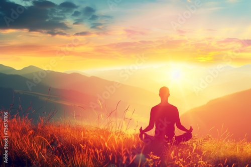 Man meditates in lotus pose on grassy hill at sunset