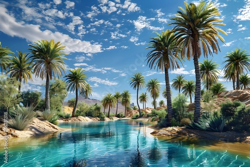 hidden grandeur of a remote desert oasis  where palm trees sway gently in the breeze beside shimmering pools of azure water  captured in 16K resolution with breathtaking elegance.