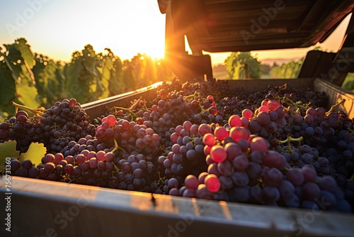 The early morning sun casts a golden glow over a bin filled with freshly harvested grapes, signaling the start of a new vintage