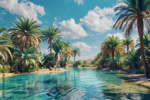 hidden grandeur of a remote desert oasis, where palm trees sway gently in the breeze beside shimmering pools of azure water, captured in 16K resolution with breathtaking elegance. © Ghouri