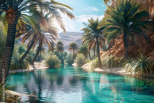 hidden grandeur of a remote desert oasis, where palm trees sway gently in the breeze beside shimmering pools of azure water, captured in 16K resolution with breathtaking elegance. © Ghouri