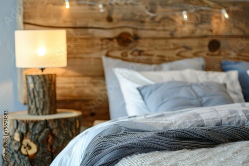 A wooden headboard bed placed next to a nightstand, creating a cozy and functional bedroom setup.
