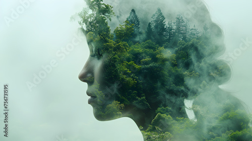 Double exposure portrait of woman with forest imagery. Conceptual photography with nature and human connection concept. Design for art poster, eco awareness campaign