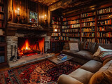 A cozy den with a fireplace and built-in bookshelves