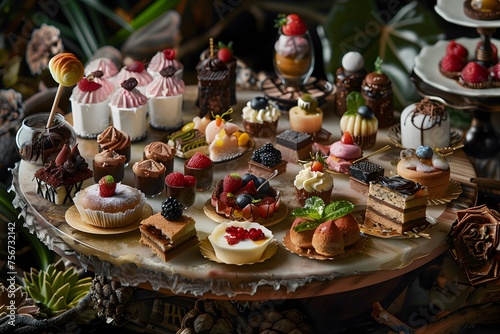 image of an extravagant dessert platter  with an array of miniature pastries and sweet delights  showcasing the epitome of culinary finesse in 16k ultra-realism.