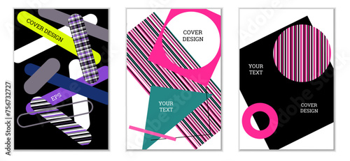 Geometric cover design, set of 3 covers. Abstract unusual background in Memphis style. Bright geometric shapes in random order