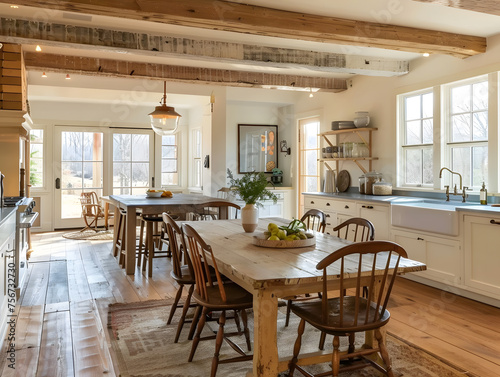 A Farmhouse Style Kitchen with a Large Wooden Harvest Table