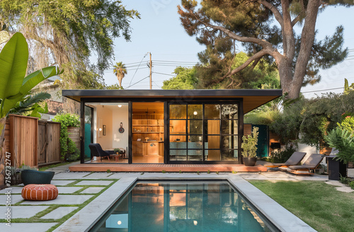 Modern Backyard Oasis with Accessory Dwelling Unit, Pristine Swimming Pool, and Lush Greenery, Ideal for Relaxation and Entertaining