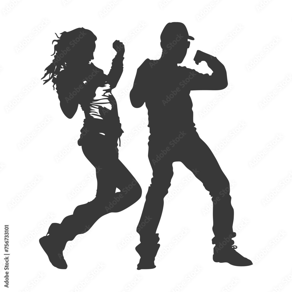 Silhouette person dancing together in action black black color only