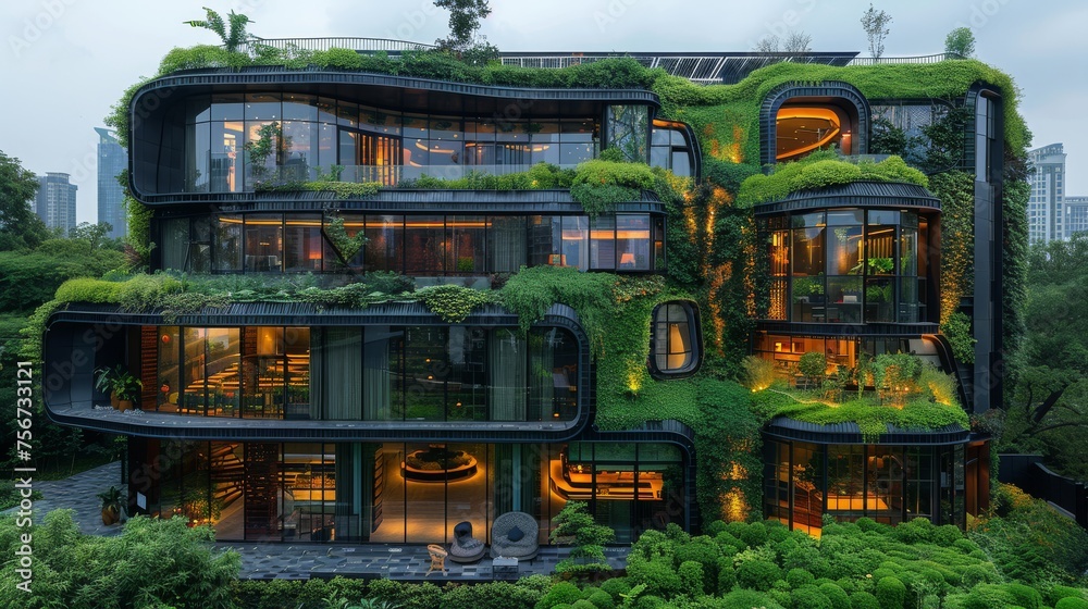 Eco-friendly tech corporation headquarters, a modern building with solar panels and vertical gardens.