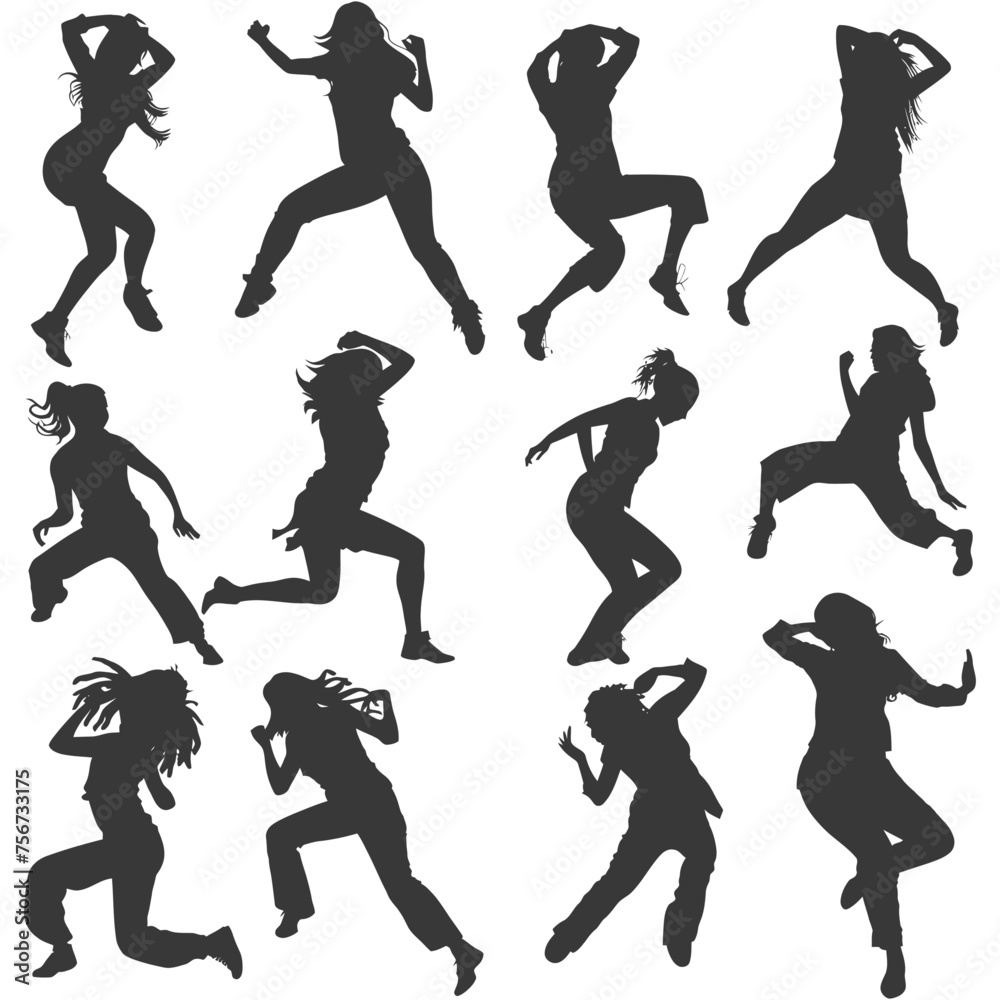 Silhouette person dancing together in action black black color only