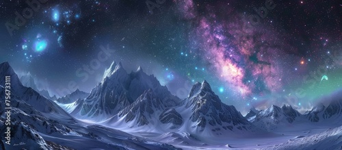 A painting depicting a majestic snowy mountain landscape under a starry sky.
