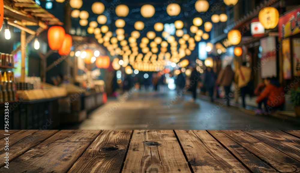 Japanese winter festival street market at night, people walking around and sitting in traditional food stalls Copy space for product display presentation design mock up template Generative AI