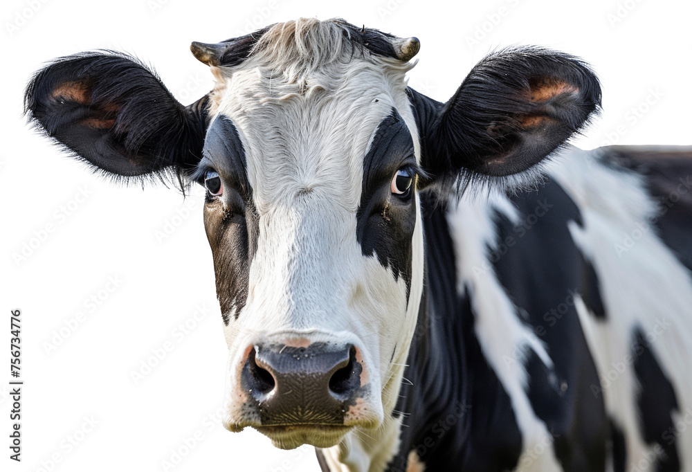 Black and white cow with attentive gaze, cut out - stock png.