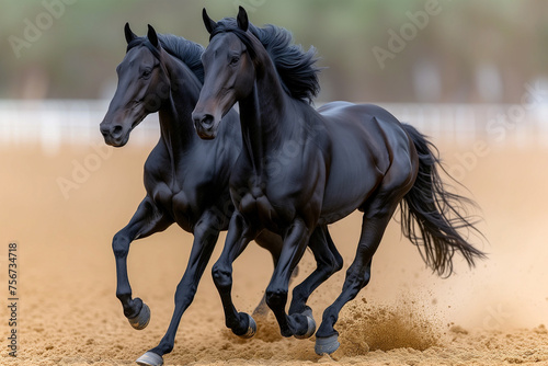 Two black horses running side by side in a sandy arena with focused expressions