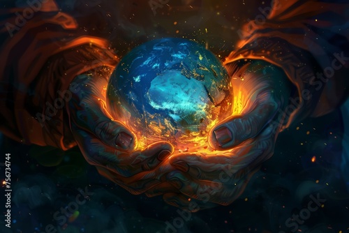 Two hands cradle a glowing earth in the vastness of space.